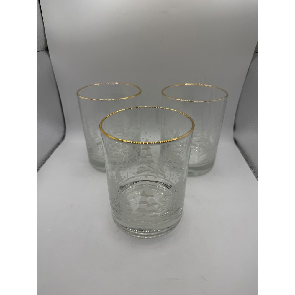 Vintage Frosted Winter Forest Christmas Trees Gold Rim Rocks Glasses Set of 3
